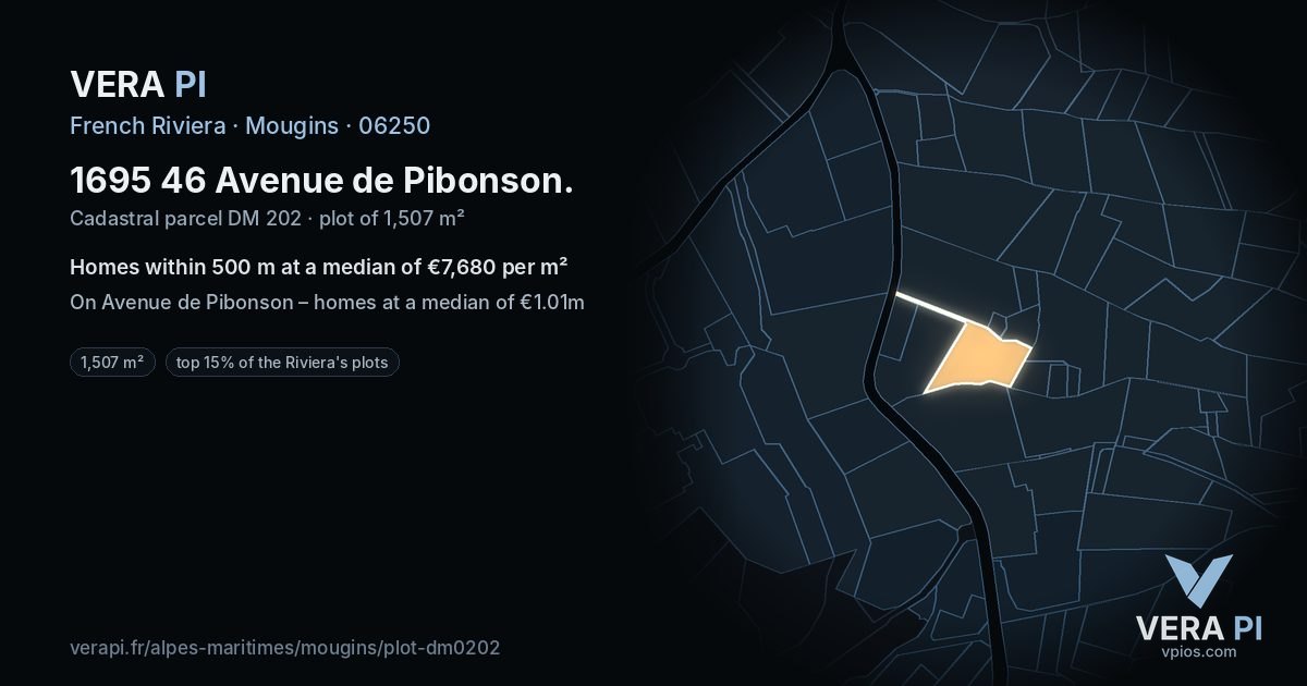 1695 46 Avenue de Pibonson, Mougins at night – the plot lit, the parcels around coloured by the prices near them