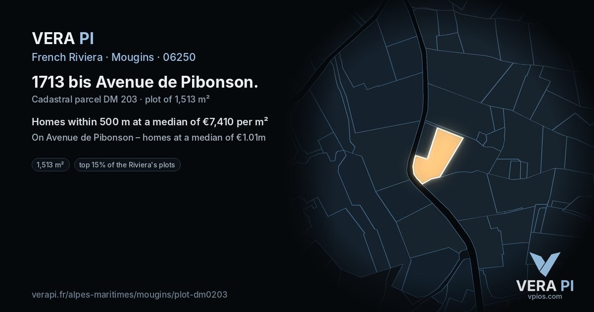 1713 bis Avenue de Pibonson, Mougins at night – the plot lit, the parcels around coloured by the prices near them