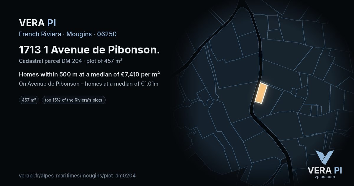1713 1 Avenue de Pibonson, Mougins at night – the plot lit, the parcels around coloured by the prices near them