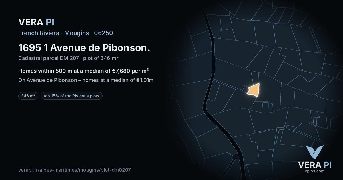 1695 1 Avenue de Pibonson, Mougins at night – the plot lit, the parcels around coloured by the prices near them
