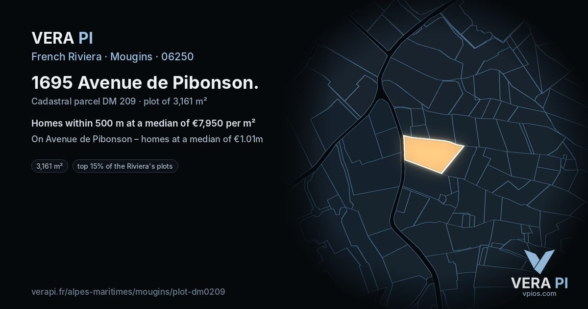 1695 Avenue de Pibonson, Mougins at night – the plot lit, the parcels around coloured by the prices near them