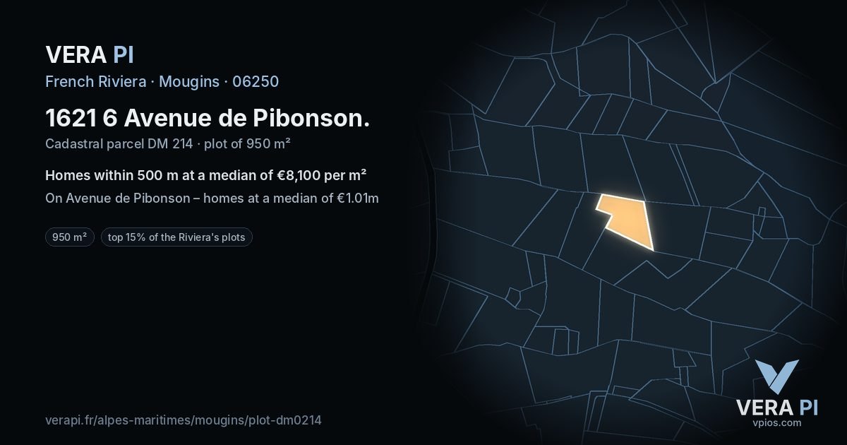1621 6 Avenue de Pibonson, Mougins at night – the plot lit, the parcels around coloured by the prices near them
