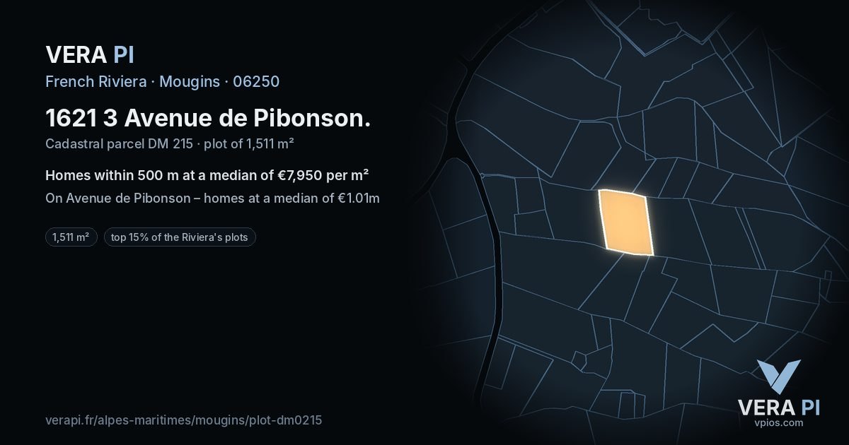 1621 3 Avenue de Pibonson, Mougins at night – the plot lit, the parcels around coloured by the prices near them