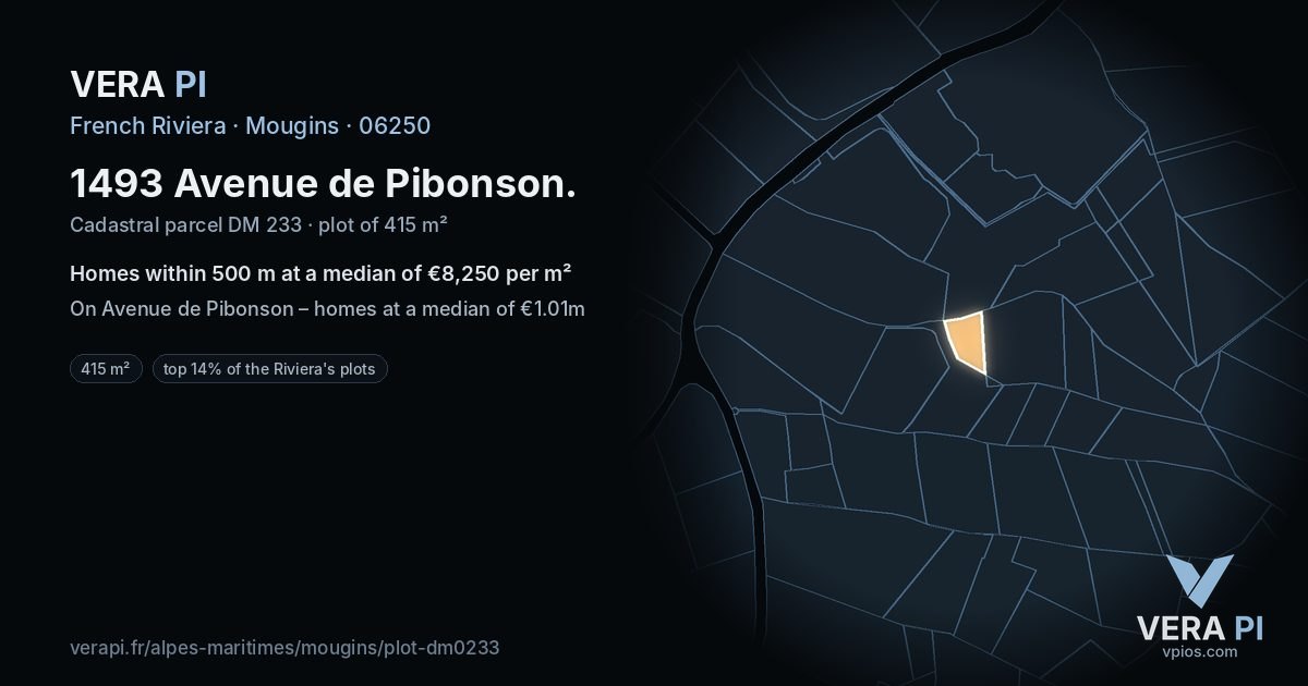 1493 Avenue de Pibonson, Mougins at night – the plot lit, the parcels around coloured by the prices near them