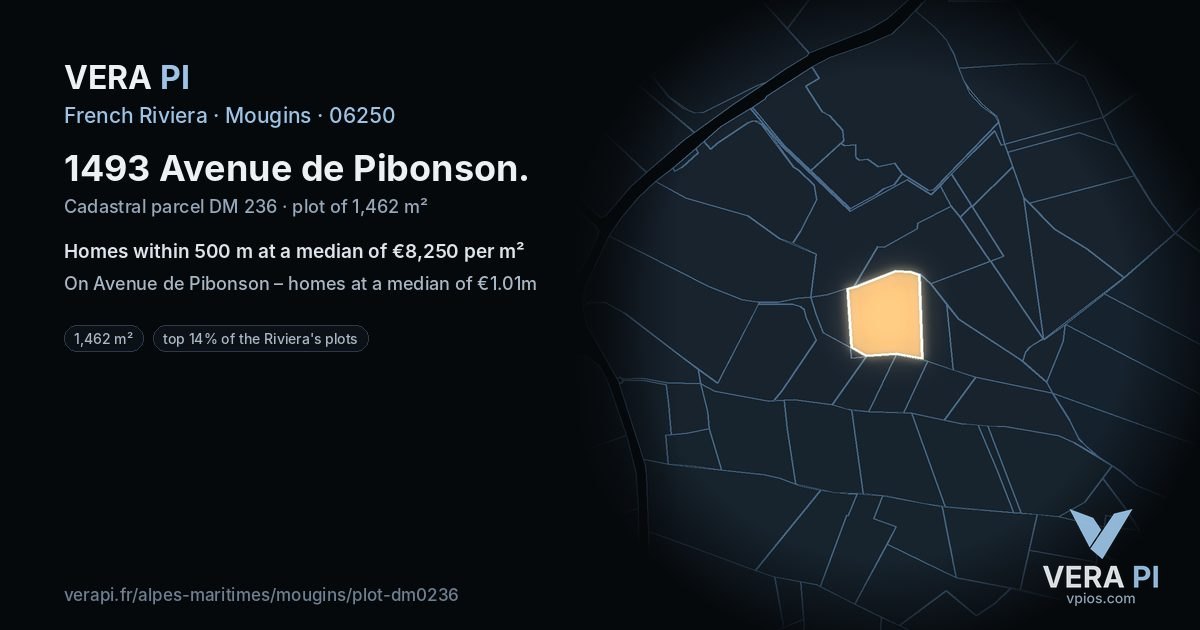 1493 Avenue de Pibonson, Mougins at night – the plot lit, the parcels around coloured by the prices near them