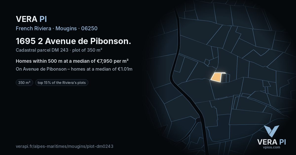 1695 2 Avenue de Pibonson, Mougins at night – the plot lit, the parcels around coloured by the prices near them