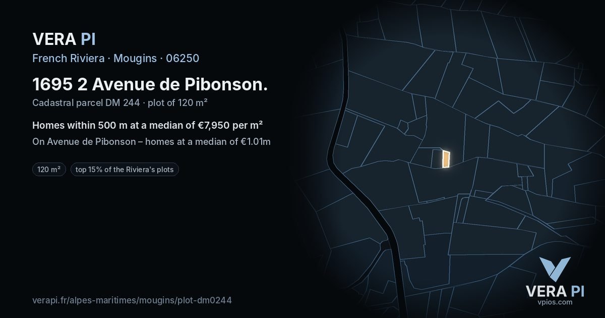 1695 2 Avenue de Pibonson, Mougins at night – the plot lit, the parcels around coloured by the prices near them