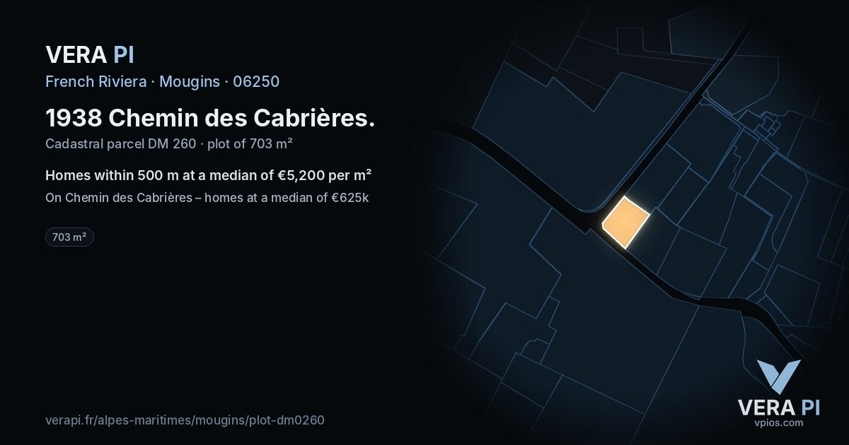 1938 Chemin des Cabrières, Mougins at night – the plot lit, the parcels around coloured by the prices near them