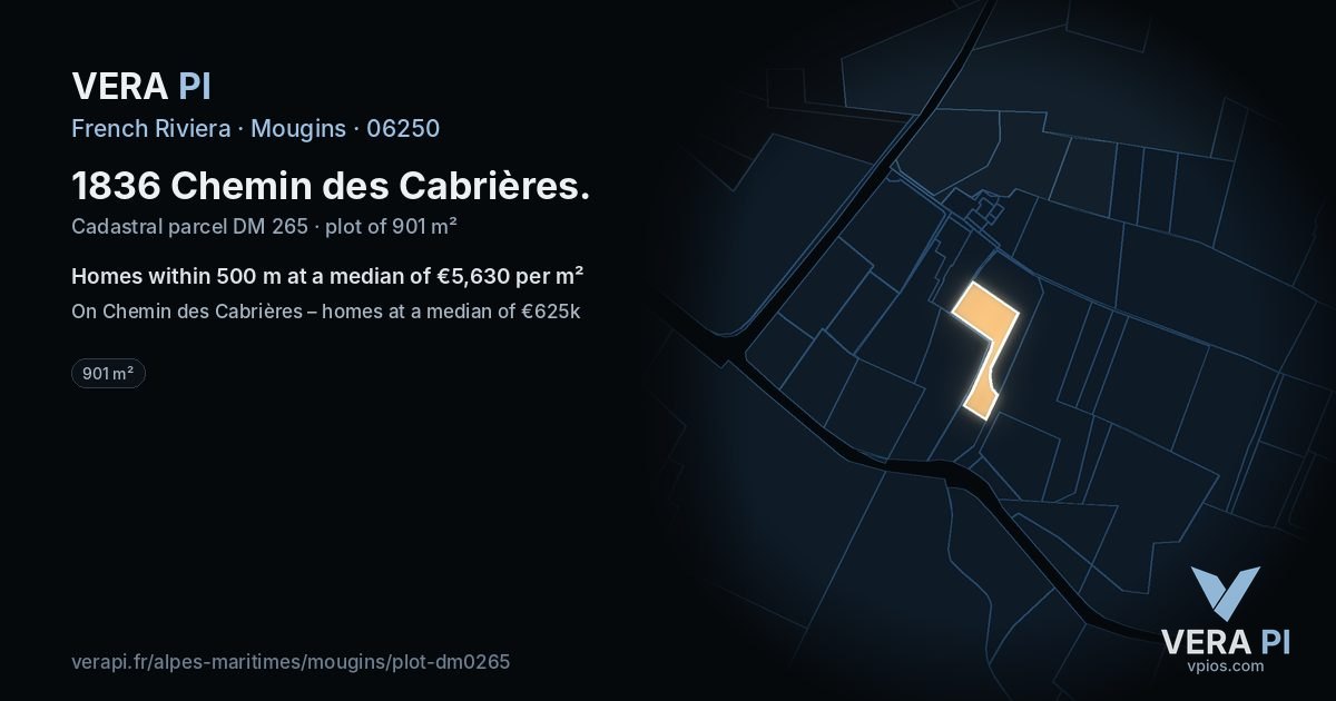1836 Chemin des Cabrières, Mougins at night – the plot lit, the parcels around coloured by the prices near them