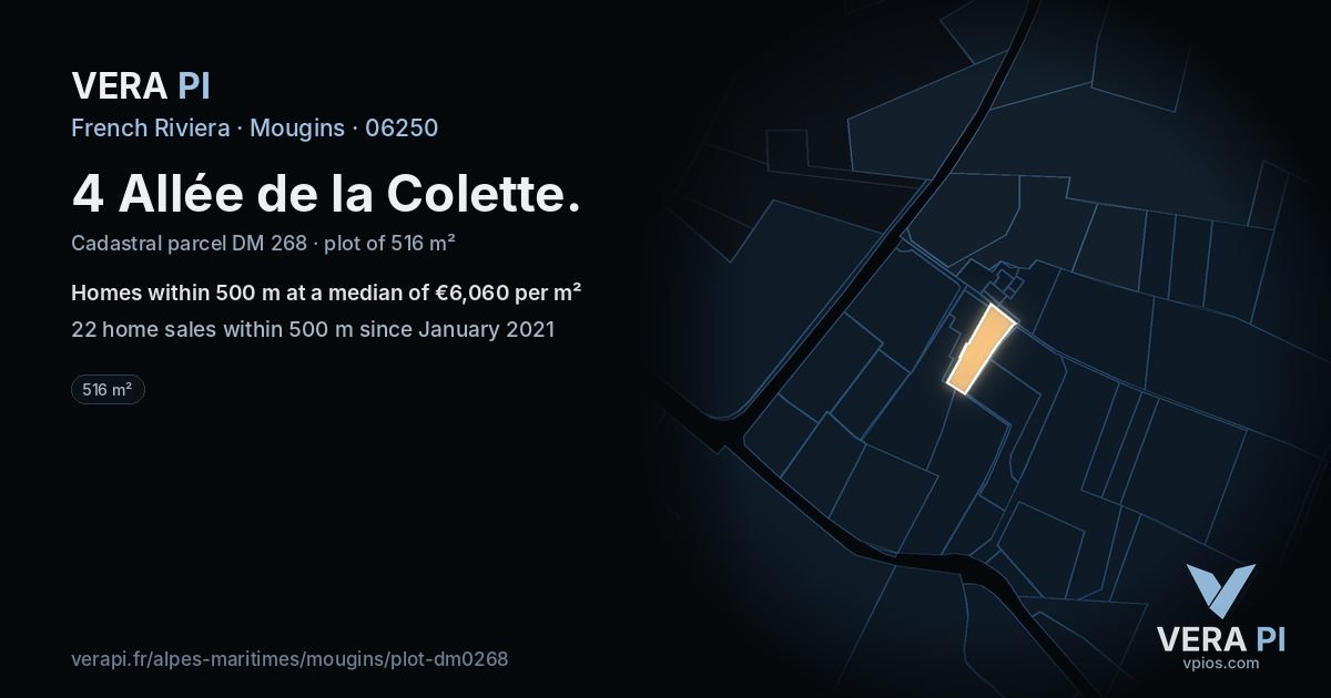4 Allée de la Colette, Mougins at night – the plot lit, the parcels around coloured by the prices near them
