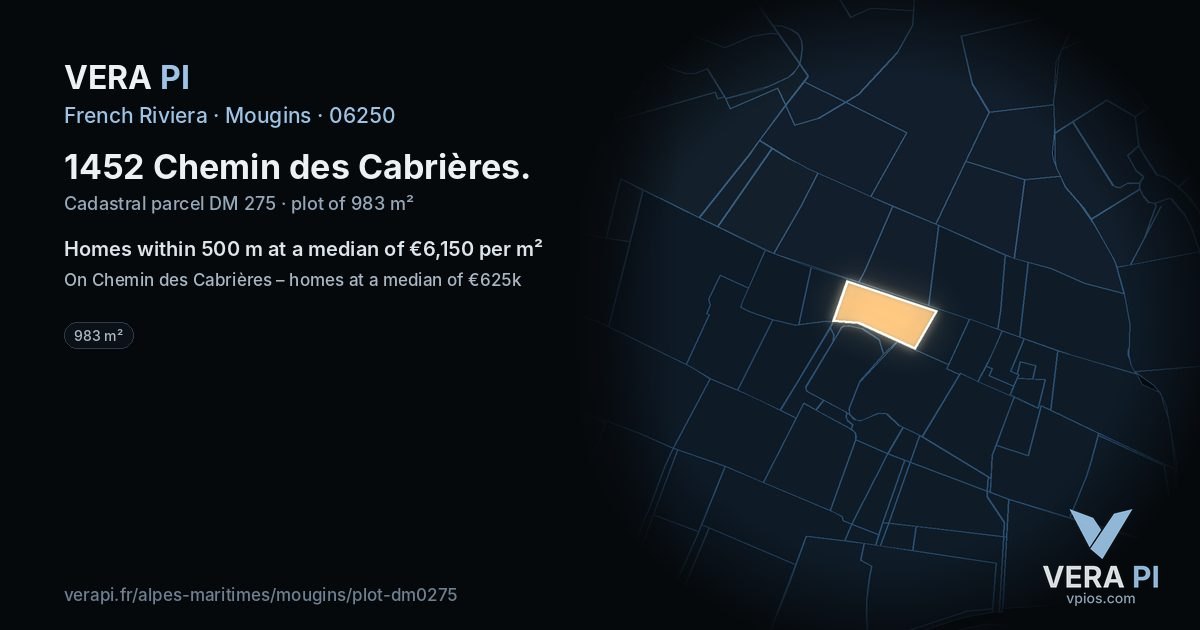1452 Chemin des Cabrières, Mougins at night – the plot lit, the parcels around coloured by the prices near them