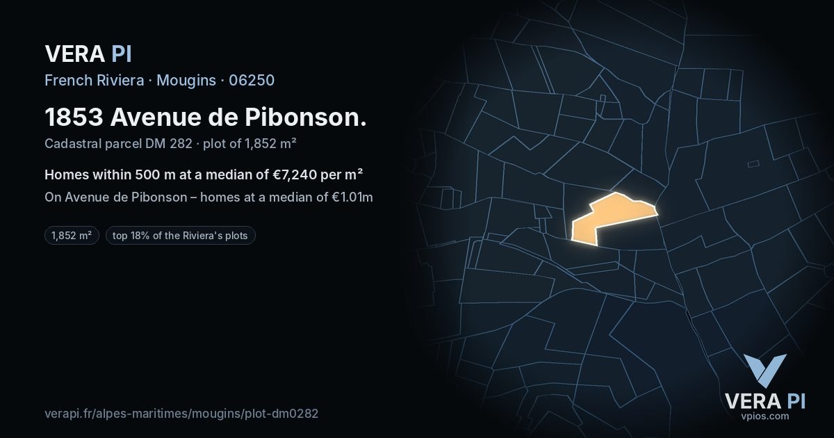 1853 Avenue de Pibonson, Mougins at night – the plot lit, the parcels around coloured by the prices near them
