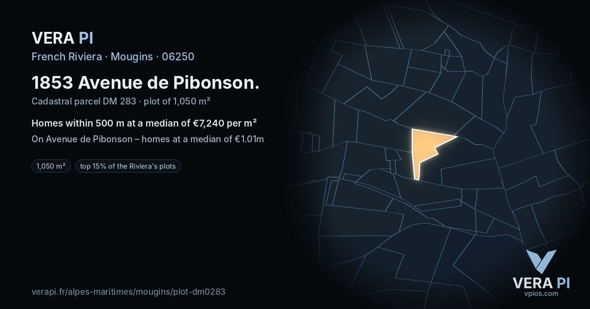 1853 Avenue de Pibonson, Mougins at night – the plot lit, the parcels around coloured by the prices near them
