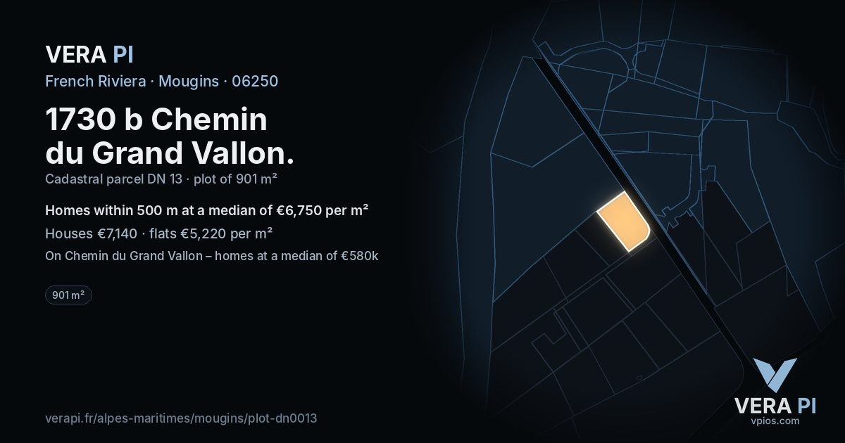 1730 b Chemin du Grand Vallon, Mougins at night – the plot lit, the parcels around coloured by the prices near them