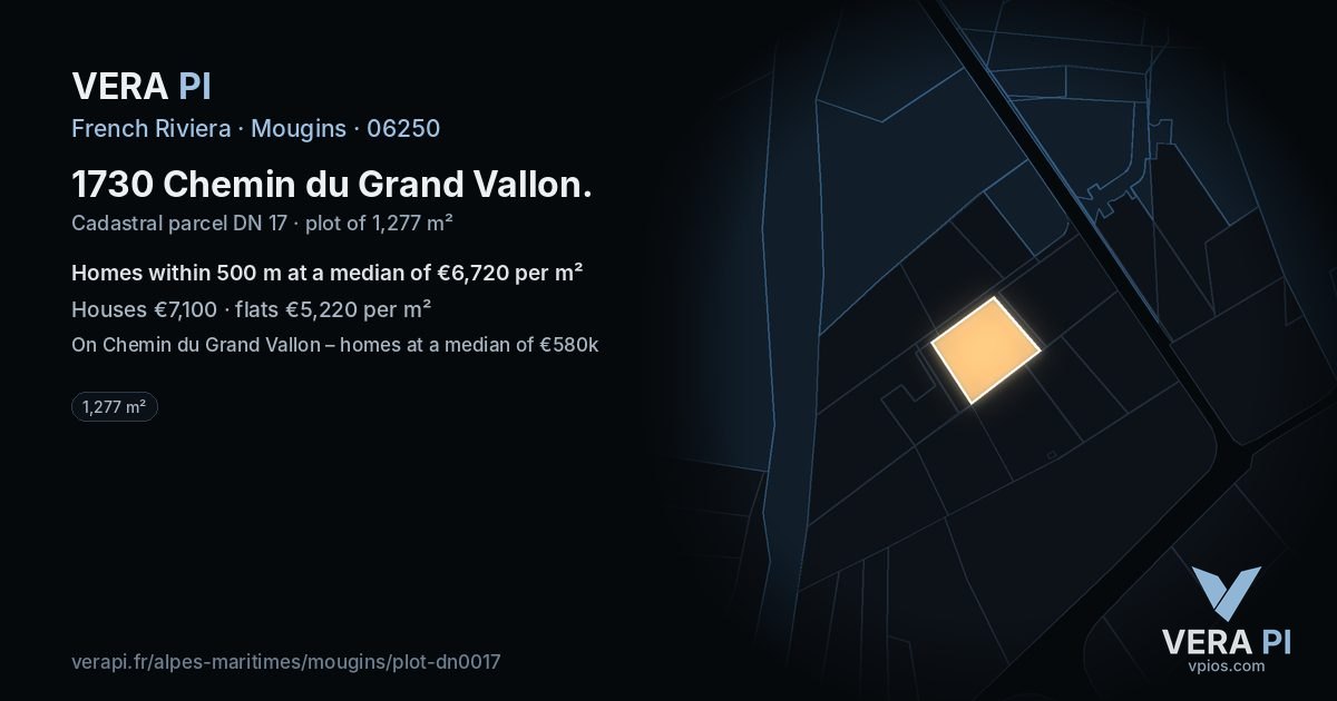1730 Chemin du Grand Vallon, Mougins at night – the plot lit, the parcels around coloured by the prices near them
