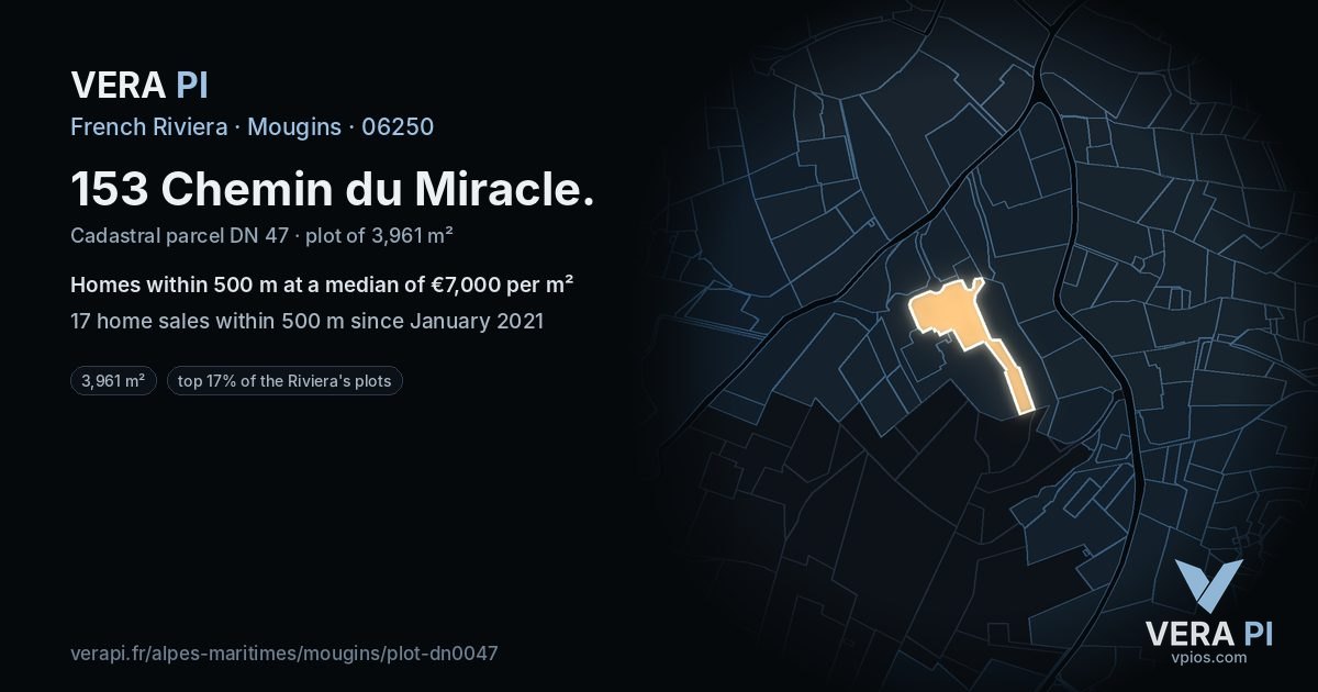 153 Chemin du Miracle, Mougins at night – the plot lit, the parcels around coloured by the prices near them