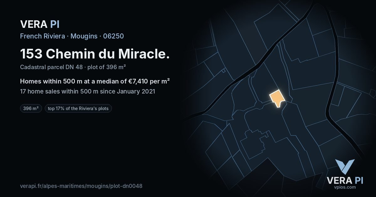 153 Chemin du Miracle, Mougins at night – the plot lit, the parcels around coloured by the prices near them