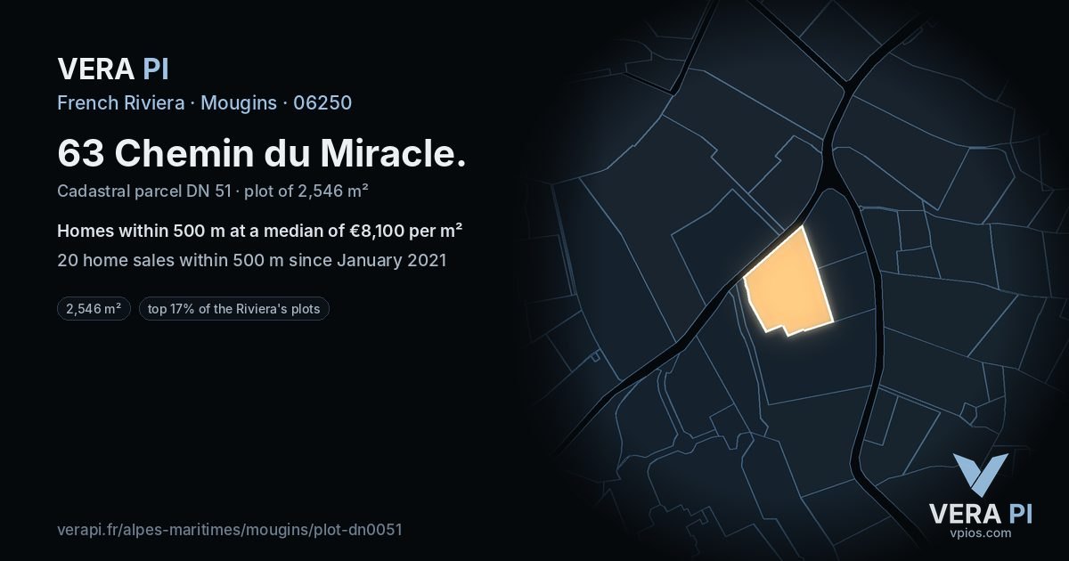 63 Chemin du Miracle, Mougins at night – the plot lit, the parcels around coloured by the prices near them