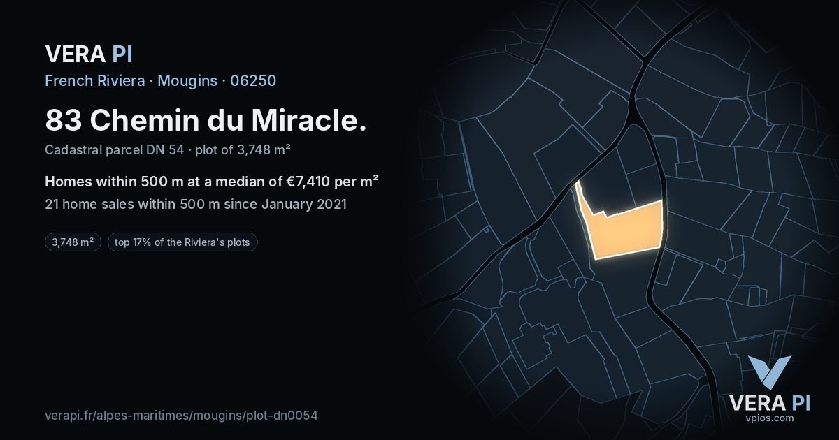 83 Chemin du Miracle, Mougins at night – the plot lit, the parcels around coloured by the prices near them