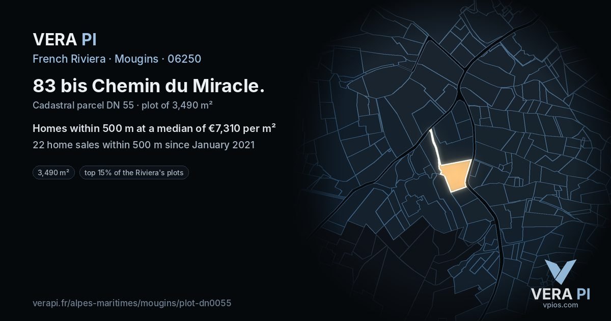 83 bis Chemin du Miracle, Mougins at night – the plot lit, the parcels around coloured by the prices near them