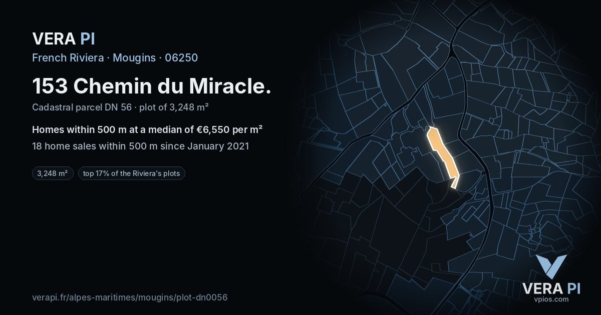 153 Chemin du Miracle, Mougins at night – the plot lit, the parcels around coloured by the prices near them