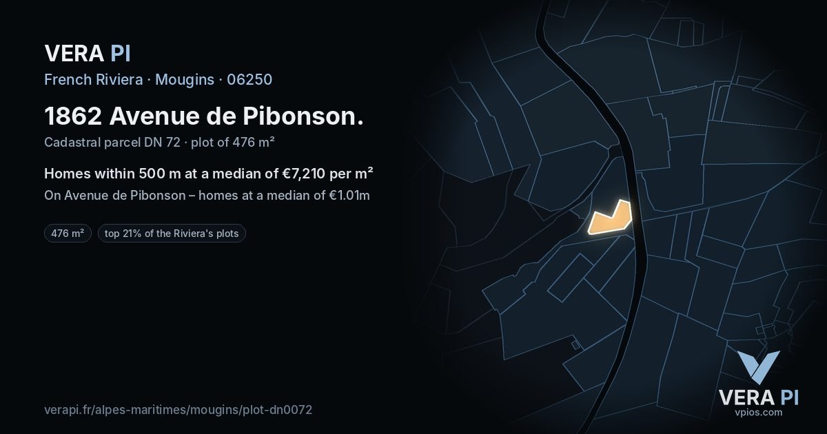 1862 Avenue de Pibonson, Mougins at night – the plot lit, the parcels around coloured by the prices near them
