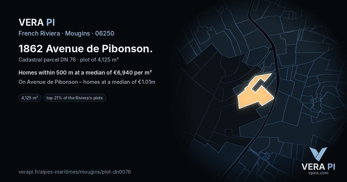 1862 Avenue de Pibonson, Mougins at night – the plot lit, the parcels around coloured by the prices near them