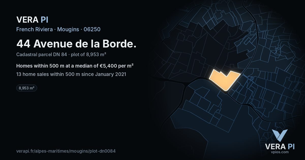 44 Avenue de la Borde, Mougins at night – the plot lit, the parcels around coloured by the prices near them