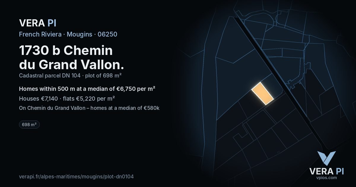 1730 b Chemin du Grand Vallon, Mougins at night – the plot lit, the parcels around coloured by the prices near them