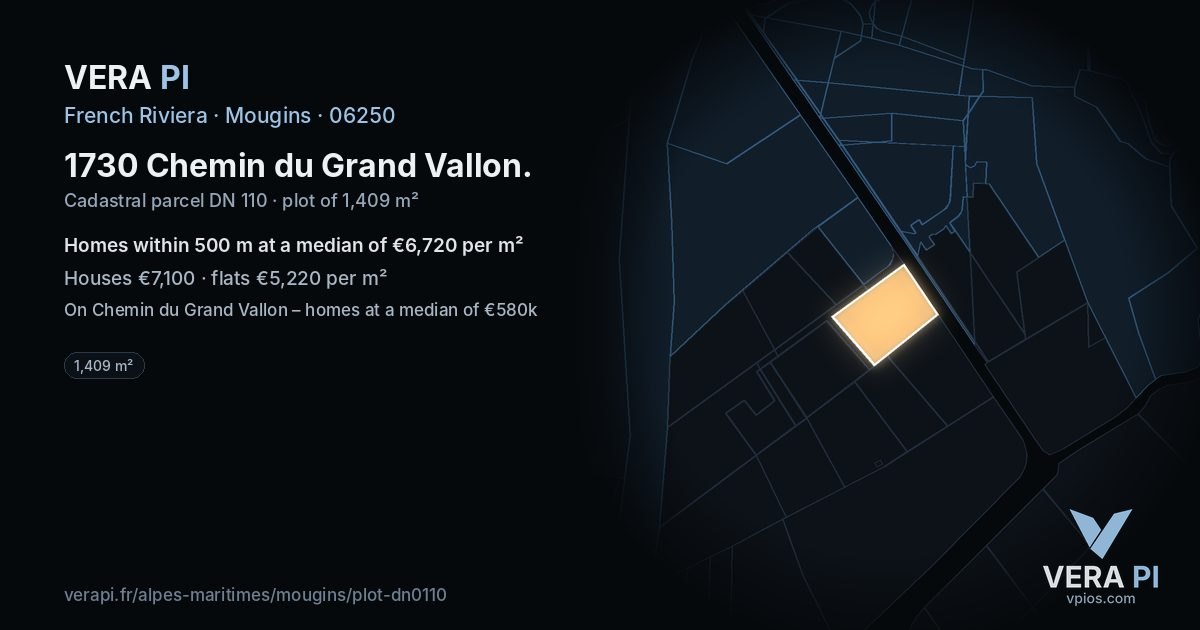 1730 Chemin du Grand Vallon, Mougins at night – the plot lit, the parcels around coloured by the prices near them