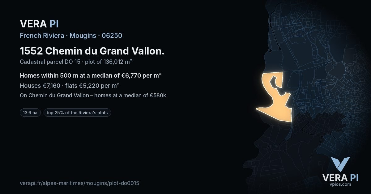 1552 Chemin du Grand Vallon, Mougins at night – the plot lit, the parcels around coloured by the prices near them