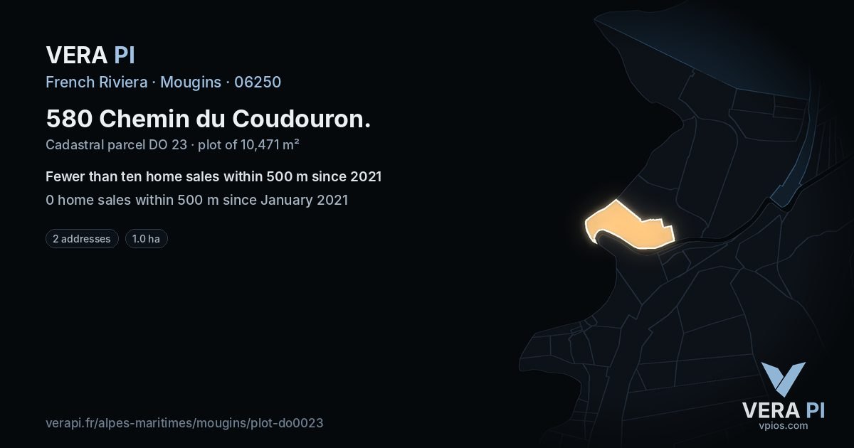 580 Chemin du Coudouron, Mougins at night – the plot lit, the parcels around coloured by the prices near them