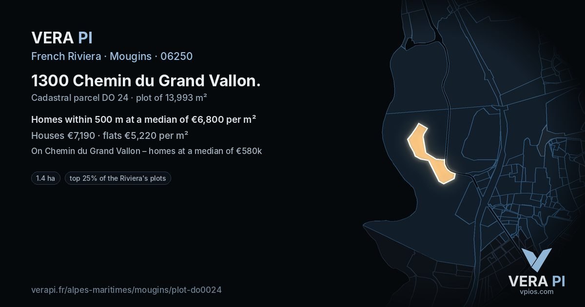 1300 Chemin du Grand Vallon, Mougins at night – the plot lit, the parcels around coloured by the prices near them