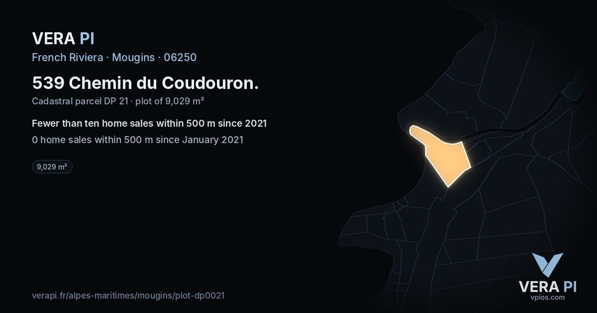 539 Chemin du Coudouron, Mougins at night – the plot lit, the parcels around coloured by the prices near them