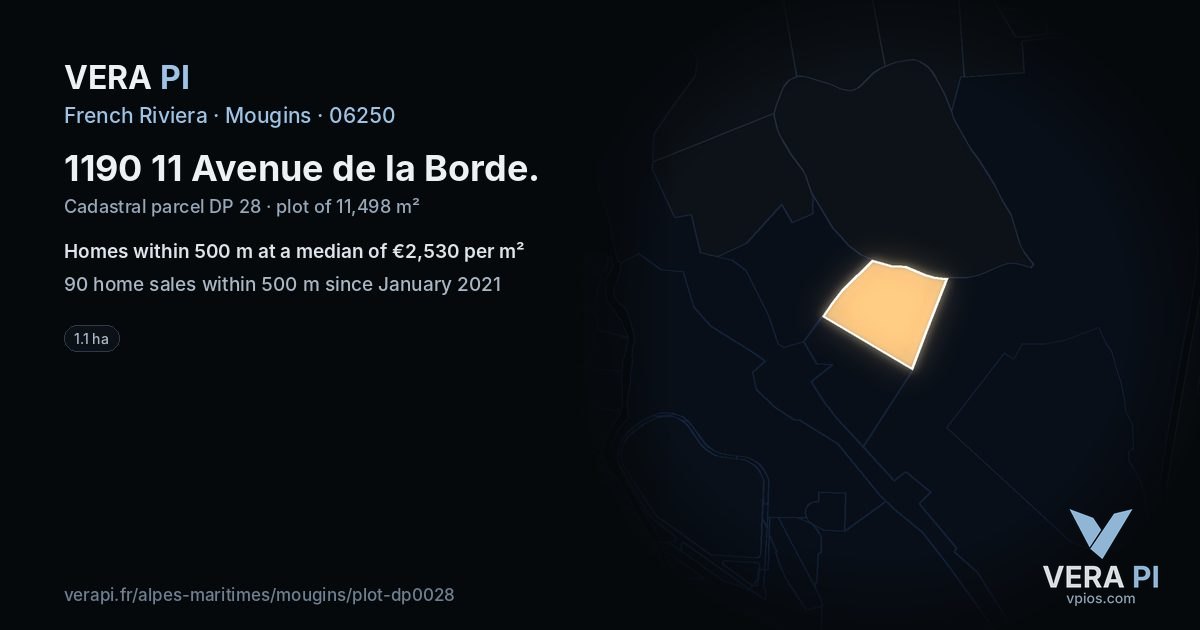 1190 11 Avenue de la Borde, Mougins at night – the plot lit, the parcels around coloured by the prices near them
