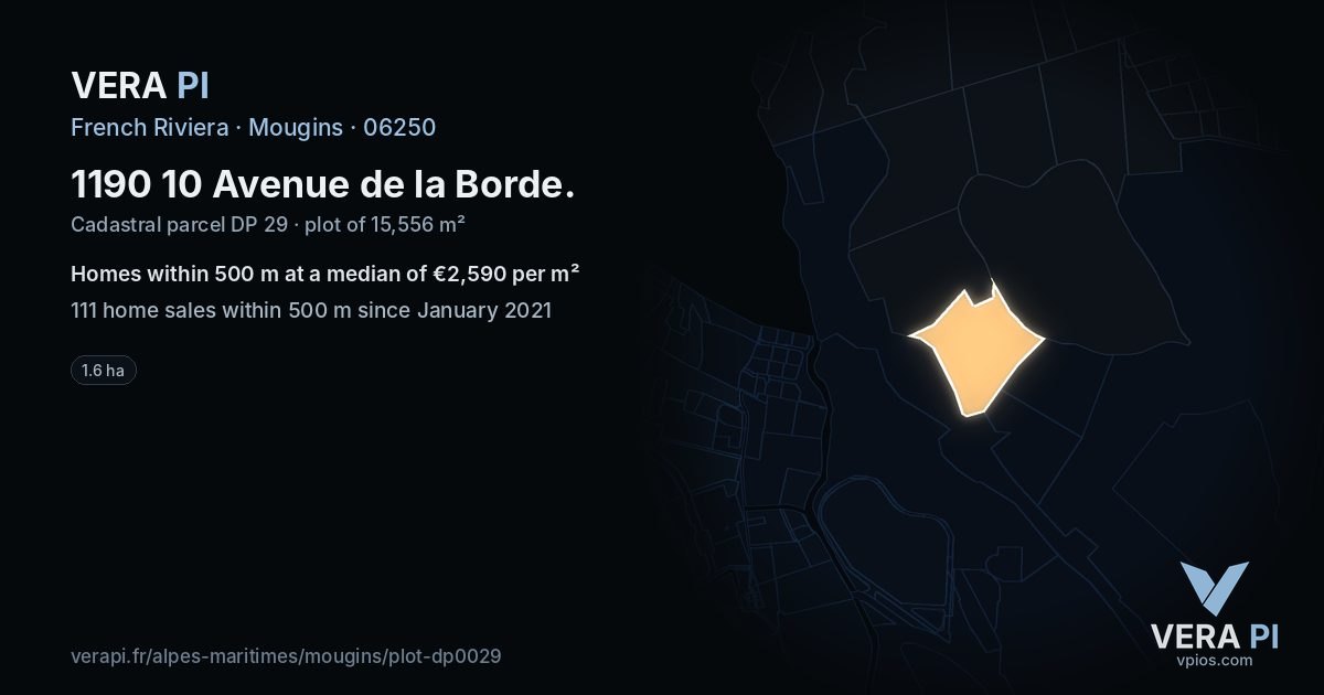 1190 10 Avenue de la Borde, Mougins at night – the plot lit, the parcels around coloured by the prices near them