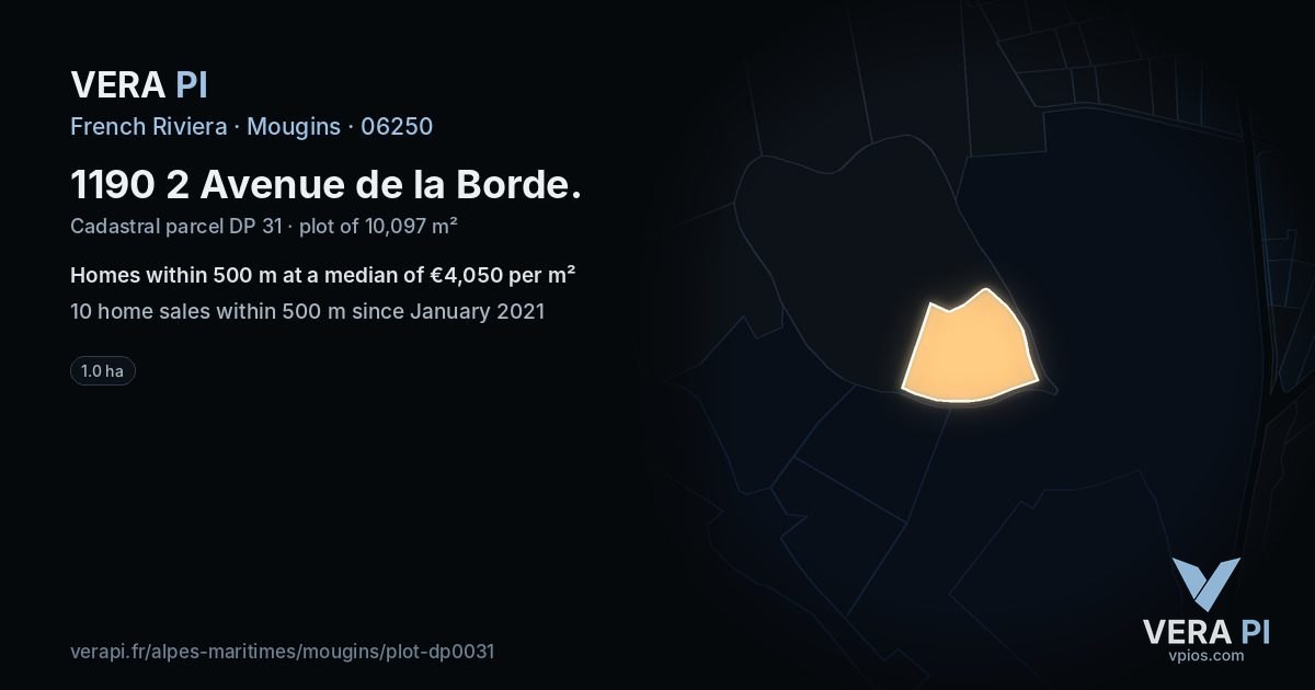 1190 2 Avenue de la Borde, Mougins at night – the plot lit, the parcels around coloured by the prices near them