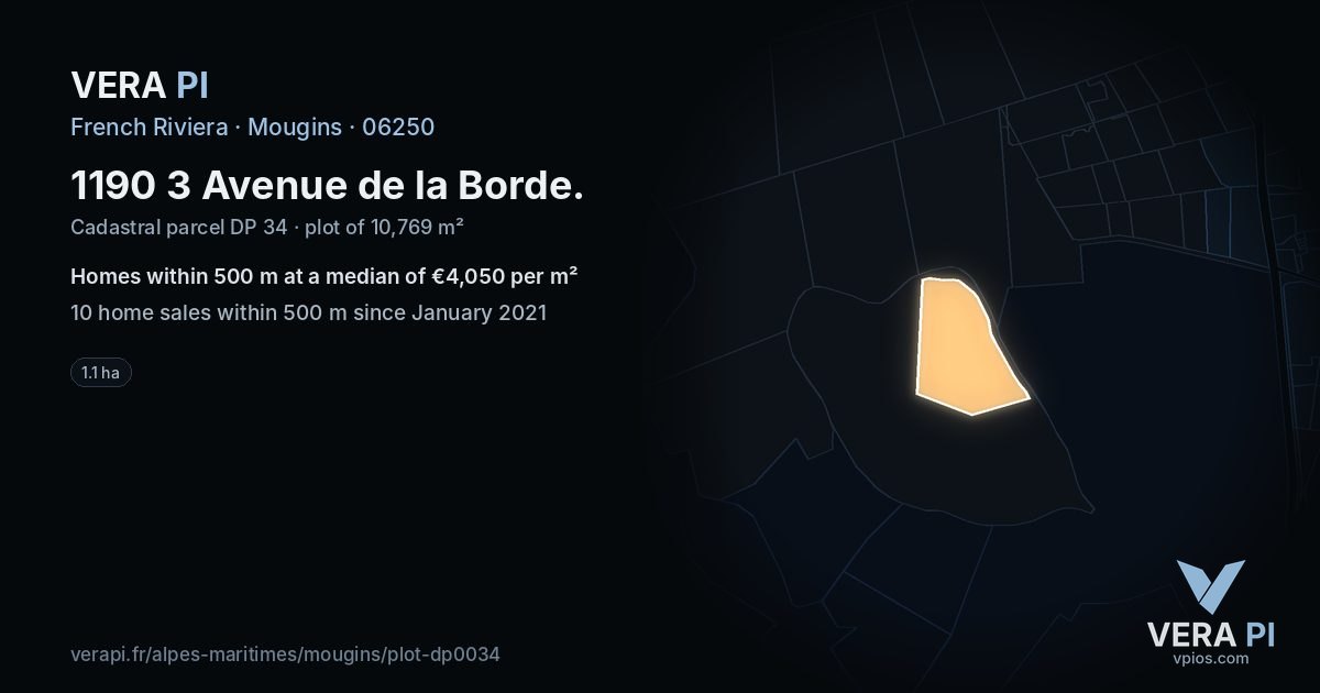 1190 3 Avenue de la Borde, Mougins at night – the plot lit, the parcels around coloured by the prices near them