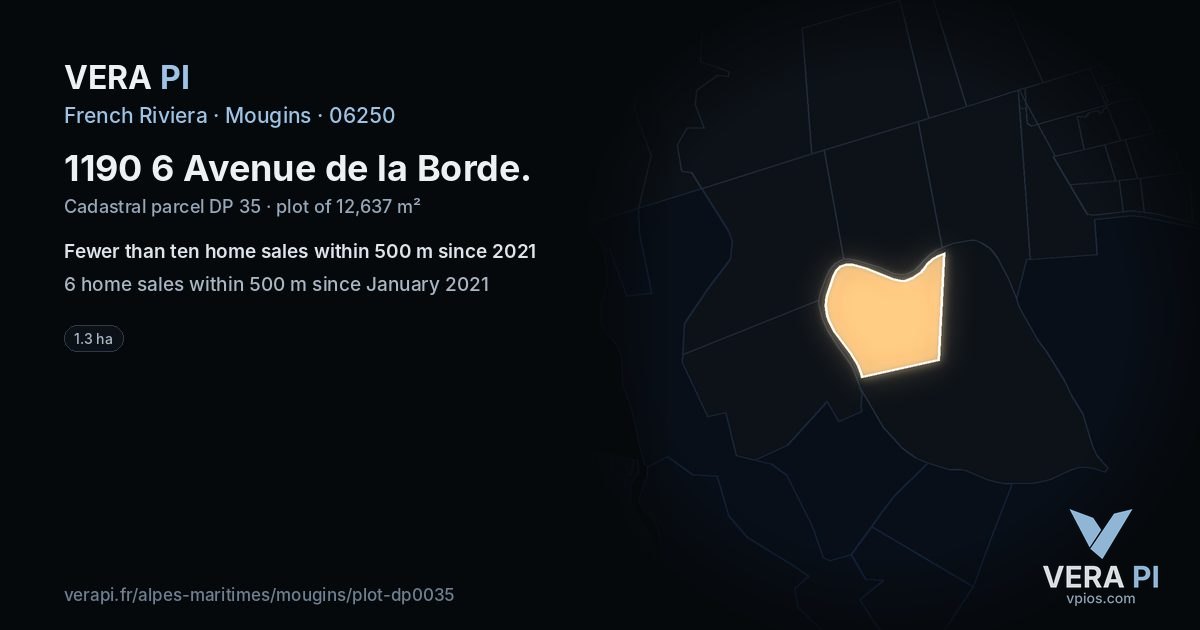 1190 6 Avenue de la Borde, Mougins at night – the plot lit, the parcels around coloured by the prices near them
