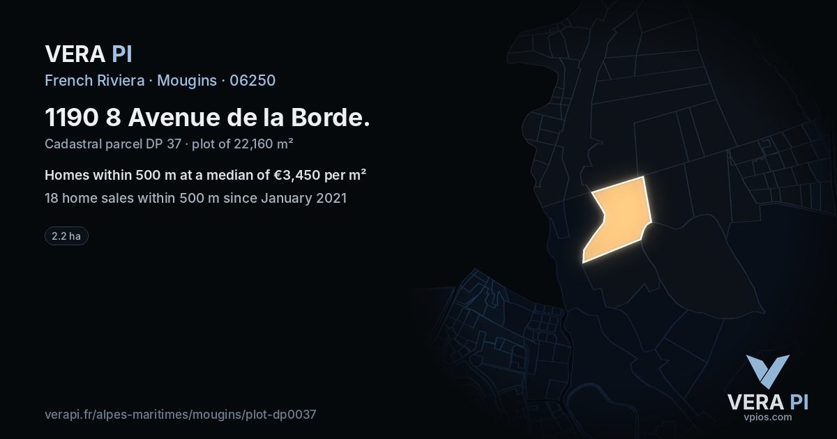 1190 8 Avenue de la Borde, Mougins at night – the plot lit, the parcels around coloured by the prices near them