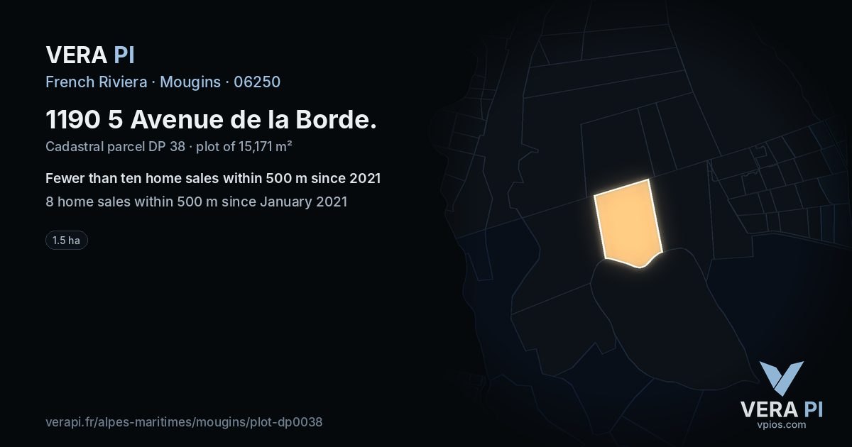 1190 5 Avenue de la Borde, Mougins at night – the plot lit, the parcels around coloured by the prices near them