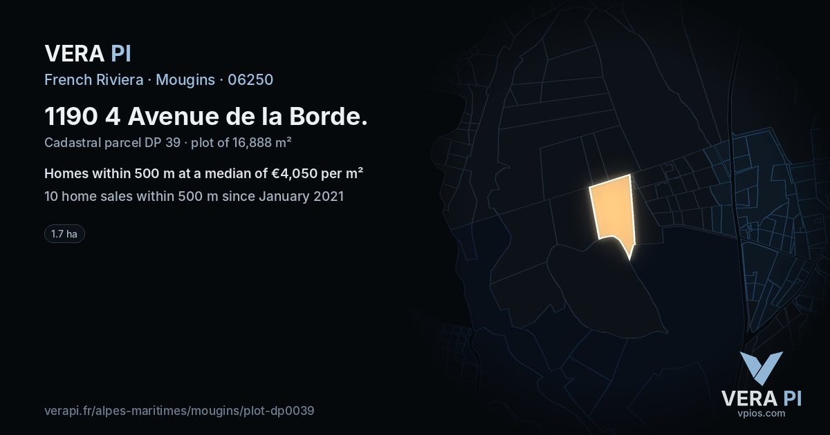 1190 4 Avenue de la Borde, Mougins at night – the plot lit, the parcels around coloured by the prices near them
