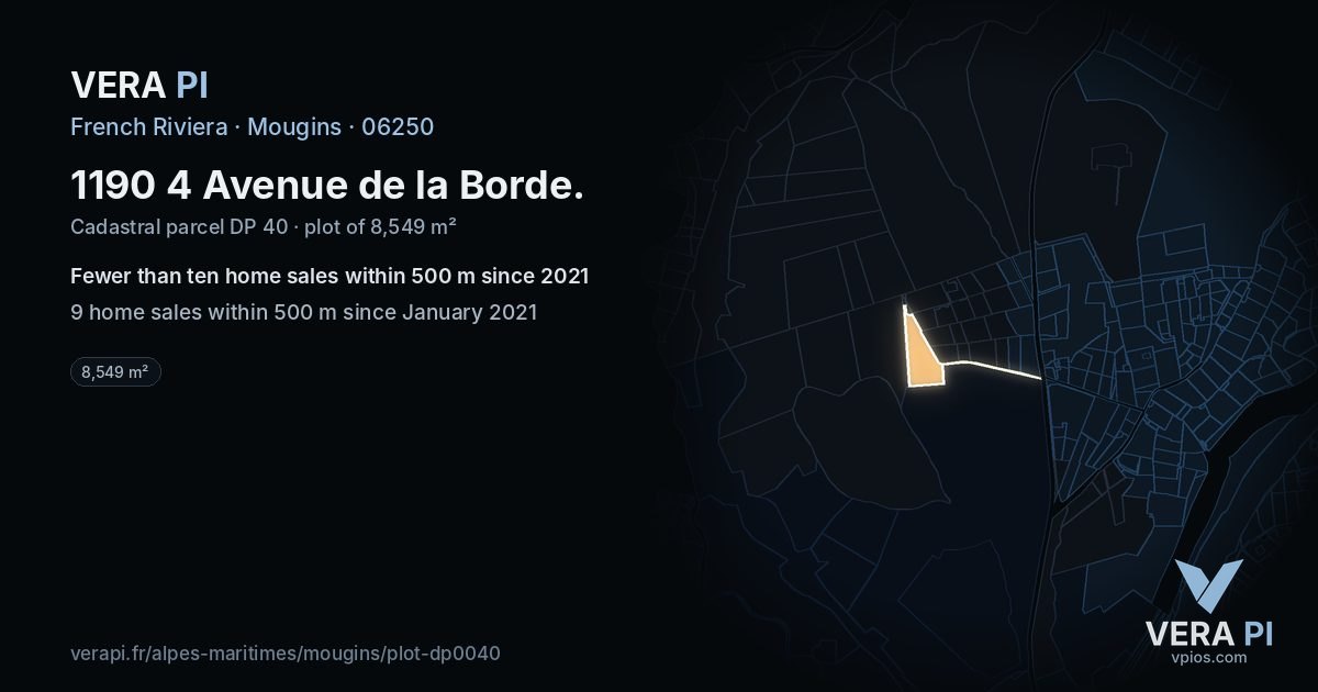 1190 4 Avenue de la Borde, Mougins at night – the plot lit, the parcels around coloured by the prices near them