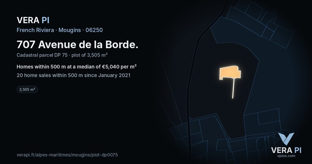 707 Avenue de la Borde, Mougins at night – the plot lit, the parcels around coloured by the prices near them