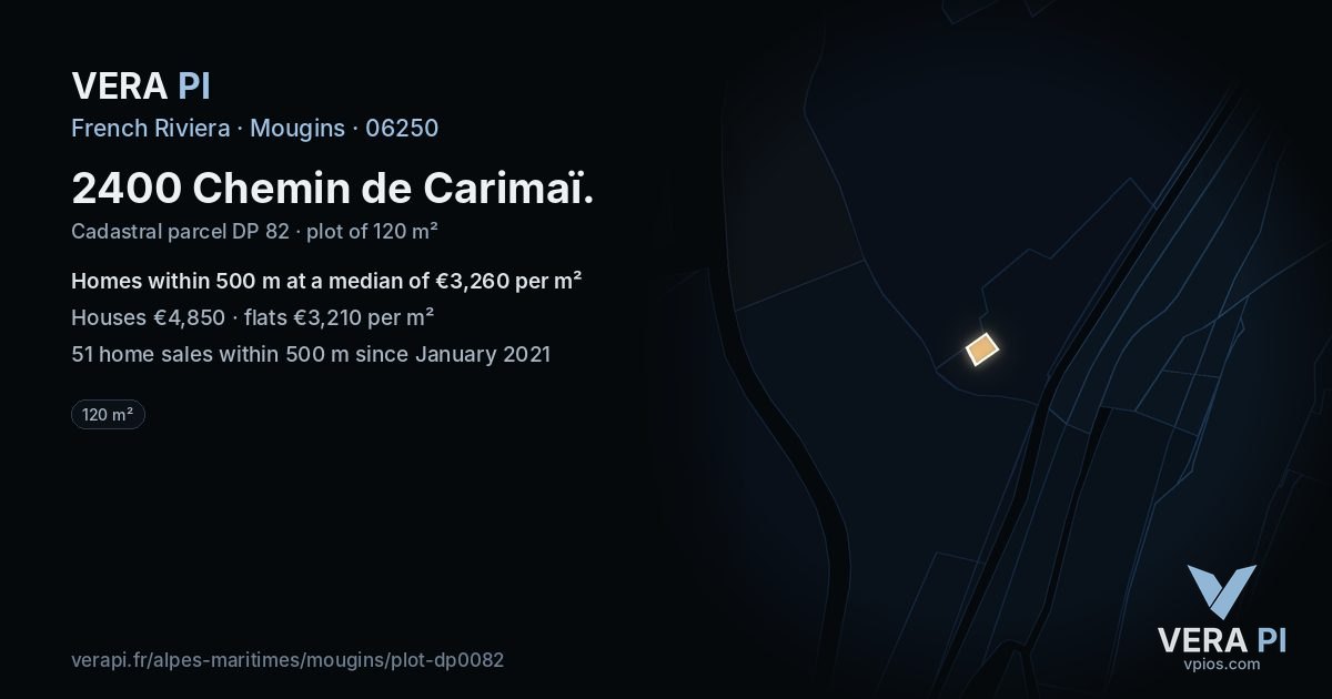 2400 Chemin de Carimaï, Mougins at night – the plot lit, the parcels around coloured by the prices near them