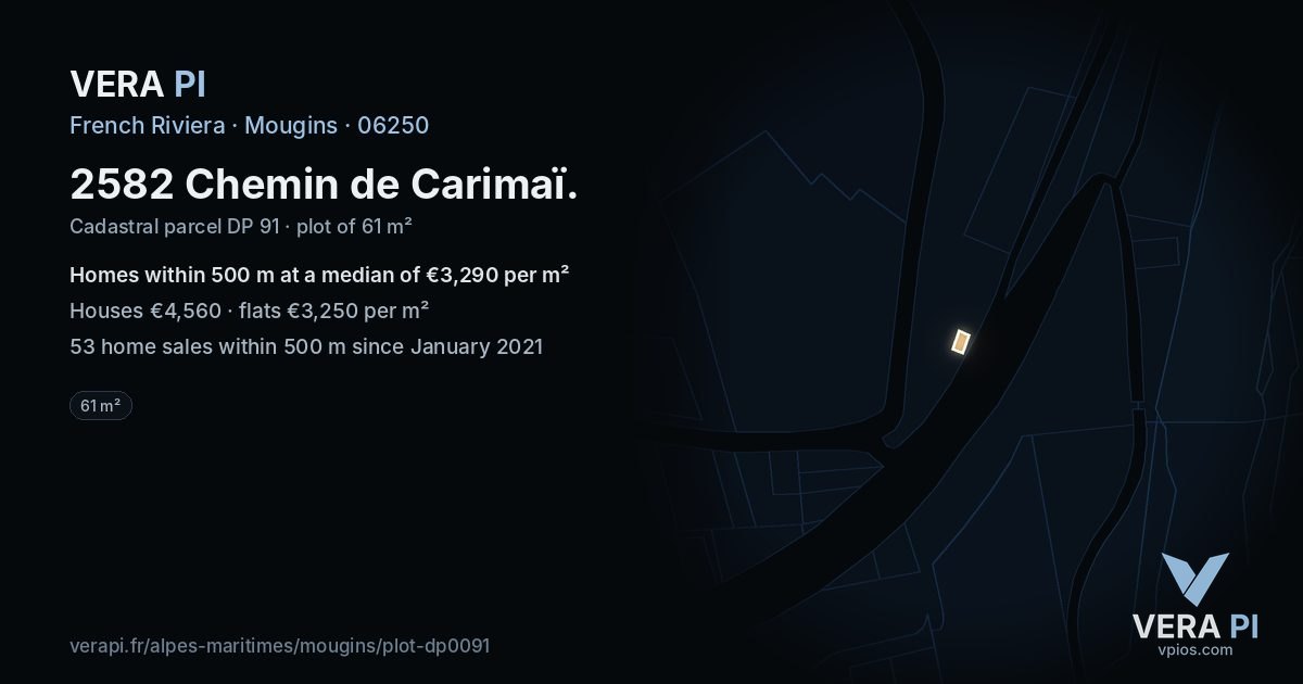 2582 Chemin de Carimaï, Mougins at night – the plot lit, the parcels around coloured by the prices near them