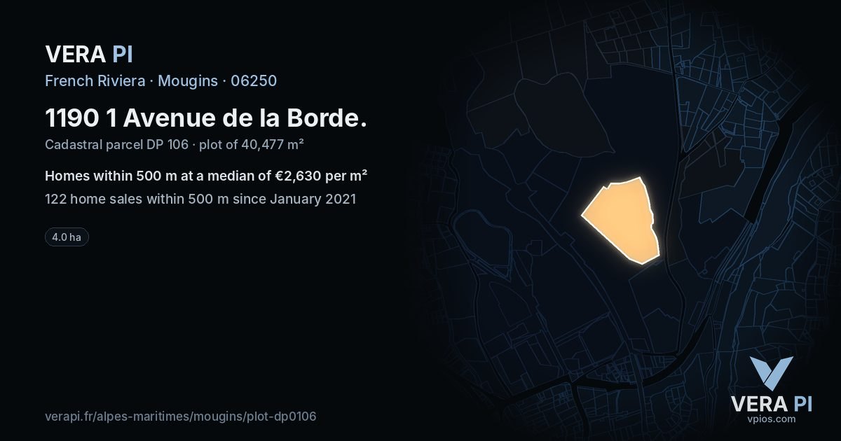 1190 1 Avenue de la Borde, Mougins at night – the plot lit, the parcels around coloured by the prices near them