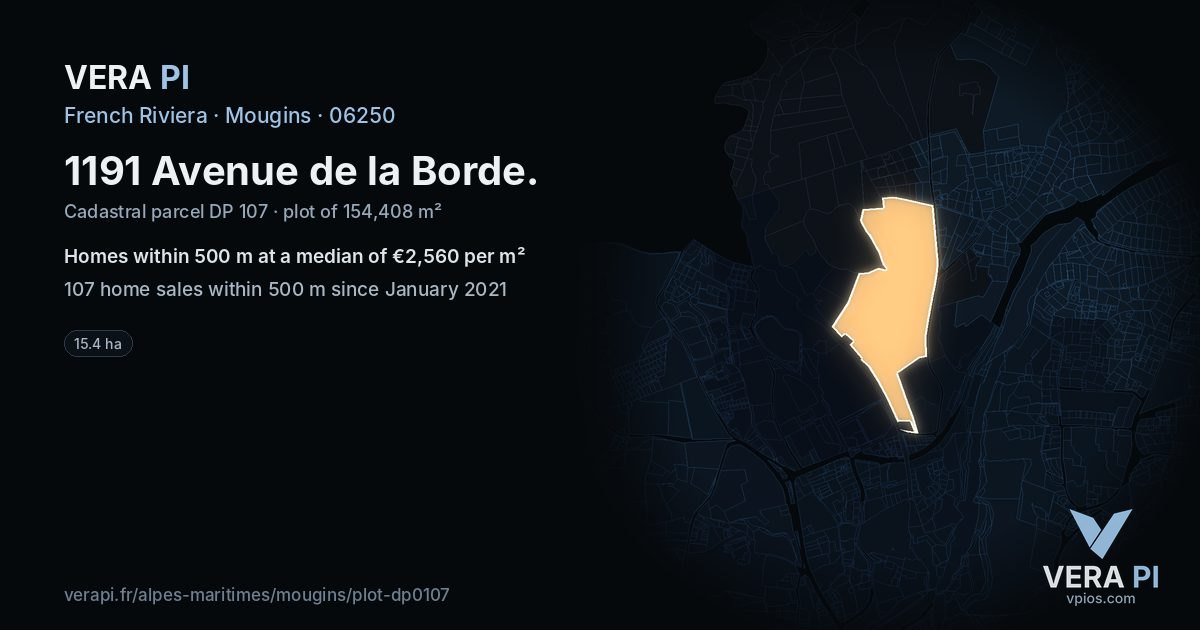 1191 Avenue de la Borde, Mougins at night – the plot lit, the parcels around coloured by the prices near them