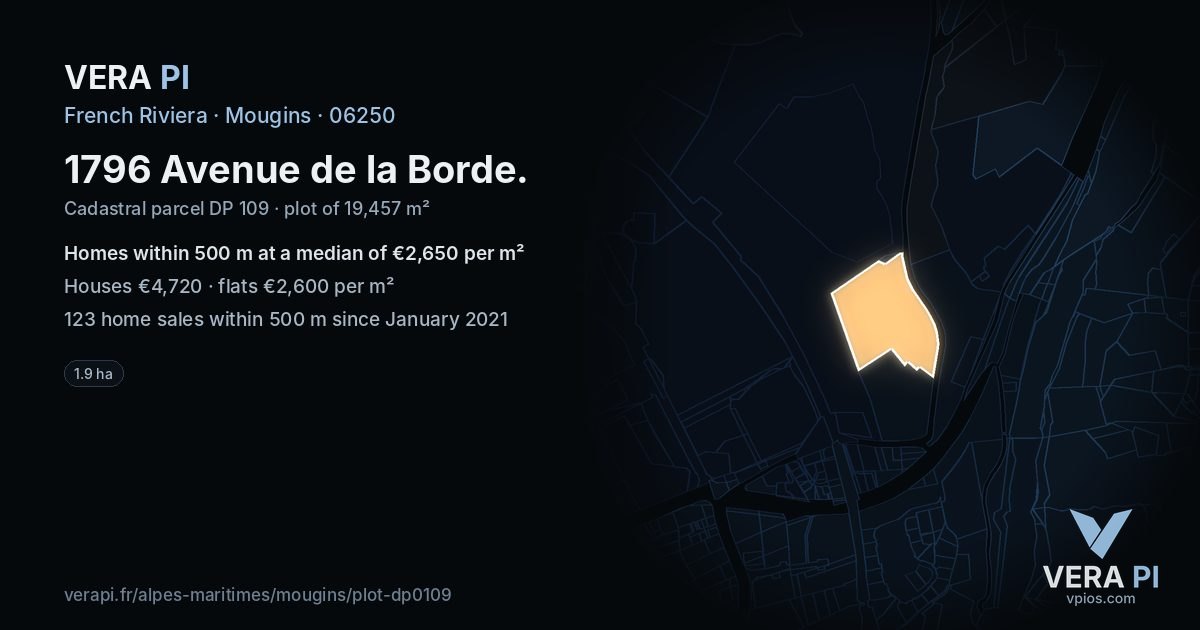 1796 Avenue de la Borde, Mougins at night – the plot lit, the parcels around coloured by the prices near them