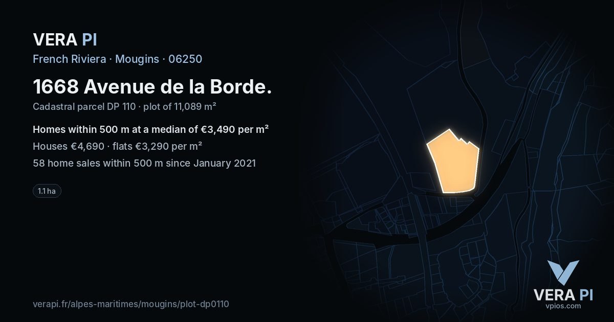 1668 Avenue de la Borde, Mougins at night – the plot lit, the parcels around coloured by the prices near them